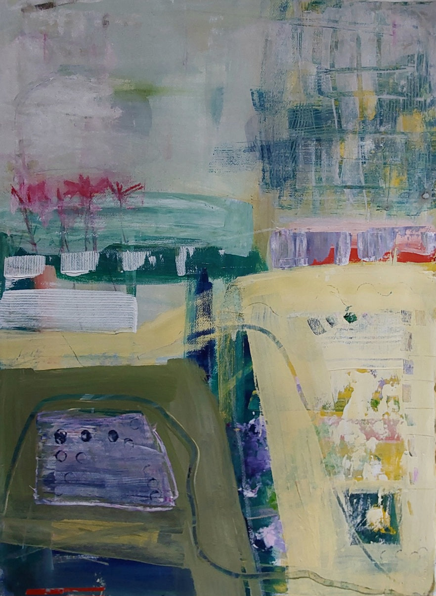 “Crocus Field” – Abstract spring landscape painting by Helen Lee with soft greens, yellows, and mauves suggesting early crocus blooms, on watercolour paper, unframed.