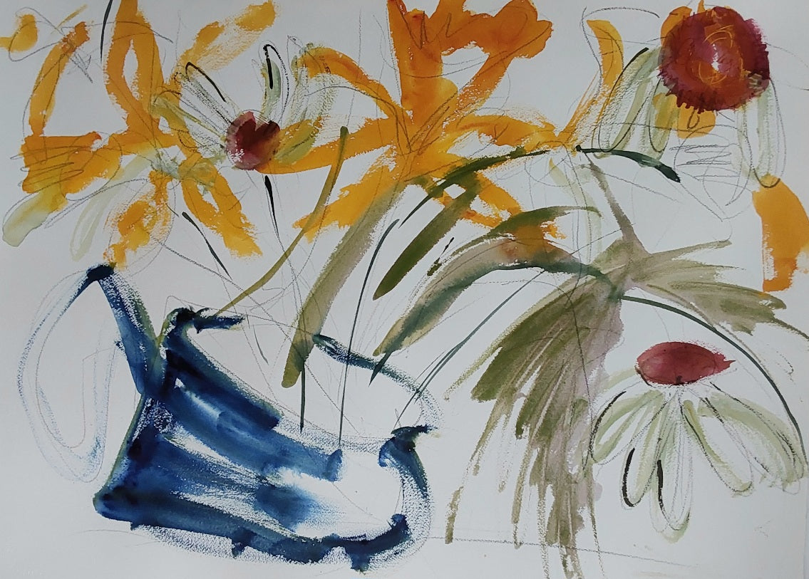 “Daisies & Daffodils” – expressive watercolour and ink floral artwork by Helen Lee with yellow, white, and red blooms in a blue jug, unframed.