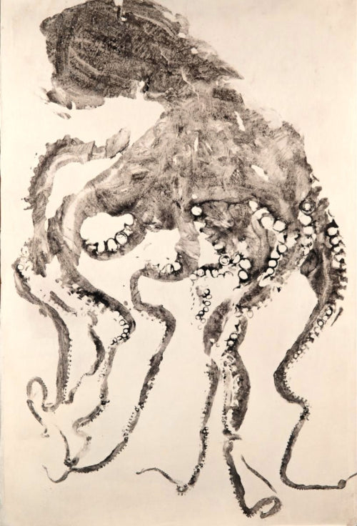 Ink print of an octopus on Japanese paper by artist Sylvia Yung. Black and white minimalist marine artwork titled “Eight.”
