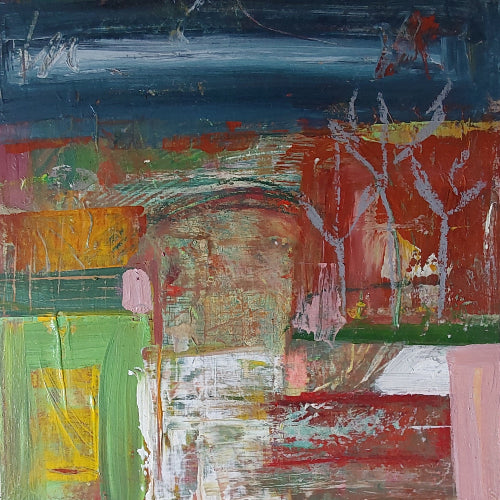 Abstract mixed media landscape by Helen Lee with earthy reds, golds, greens, and blues, suggesting open fields, distant trees, and layered textures.

