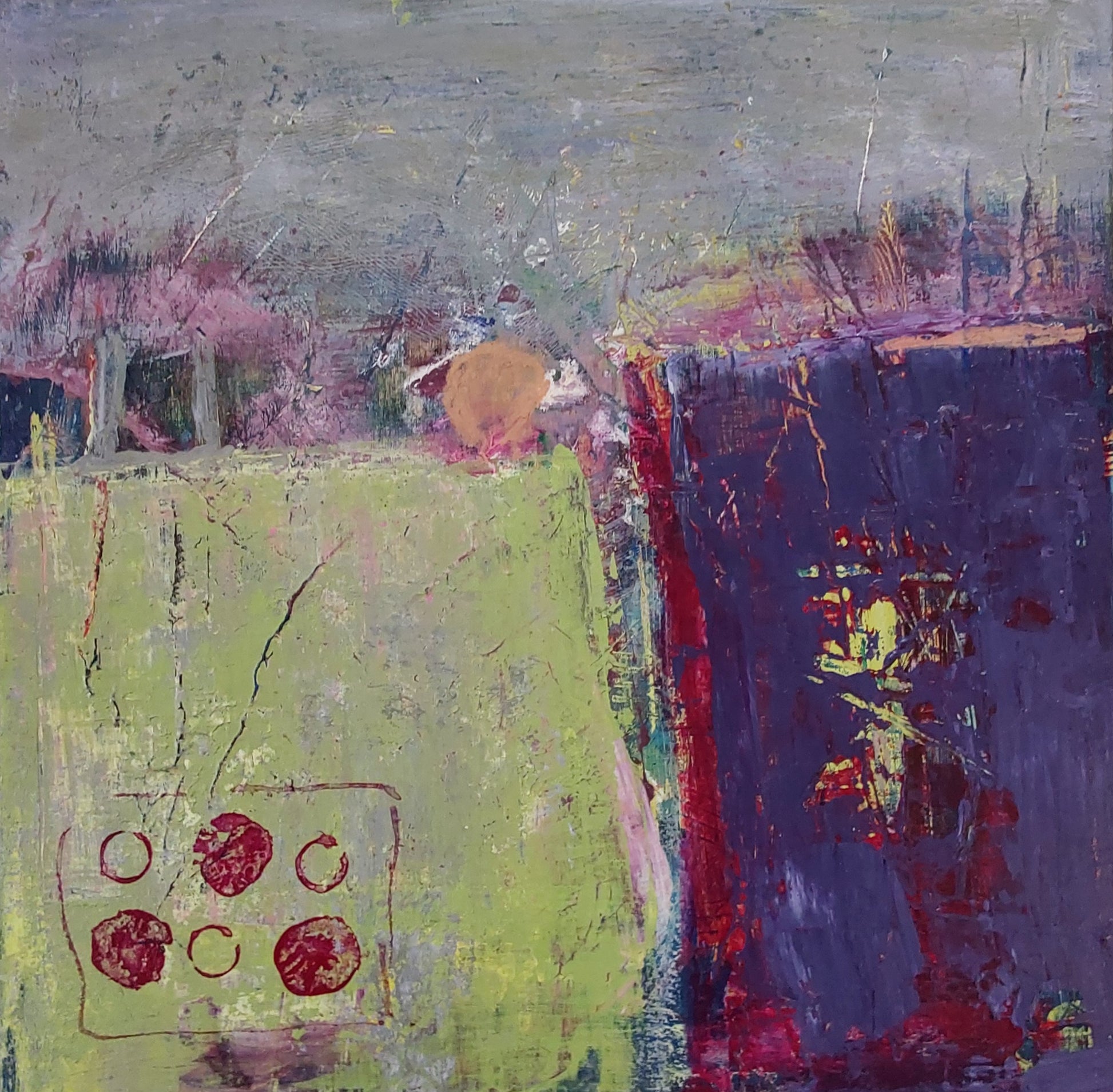 Abstract landscape painting by Helen Lee with green and violet fields, textured brushwork, and red blossom-like accents.

