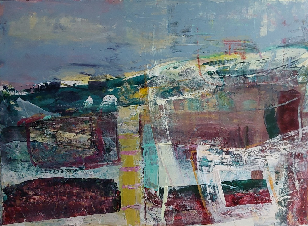 “Cranberry Fields in Snow” – Abstract winter landscape painting by Helen Lee featuring deep reds, teal accents, and snow-like textures on watercolour paper, unframed.

