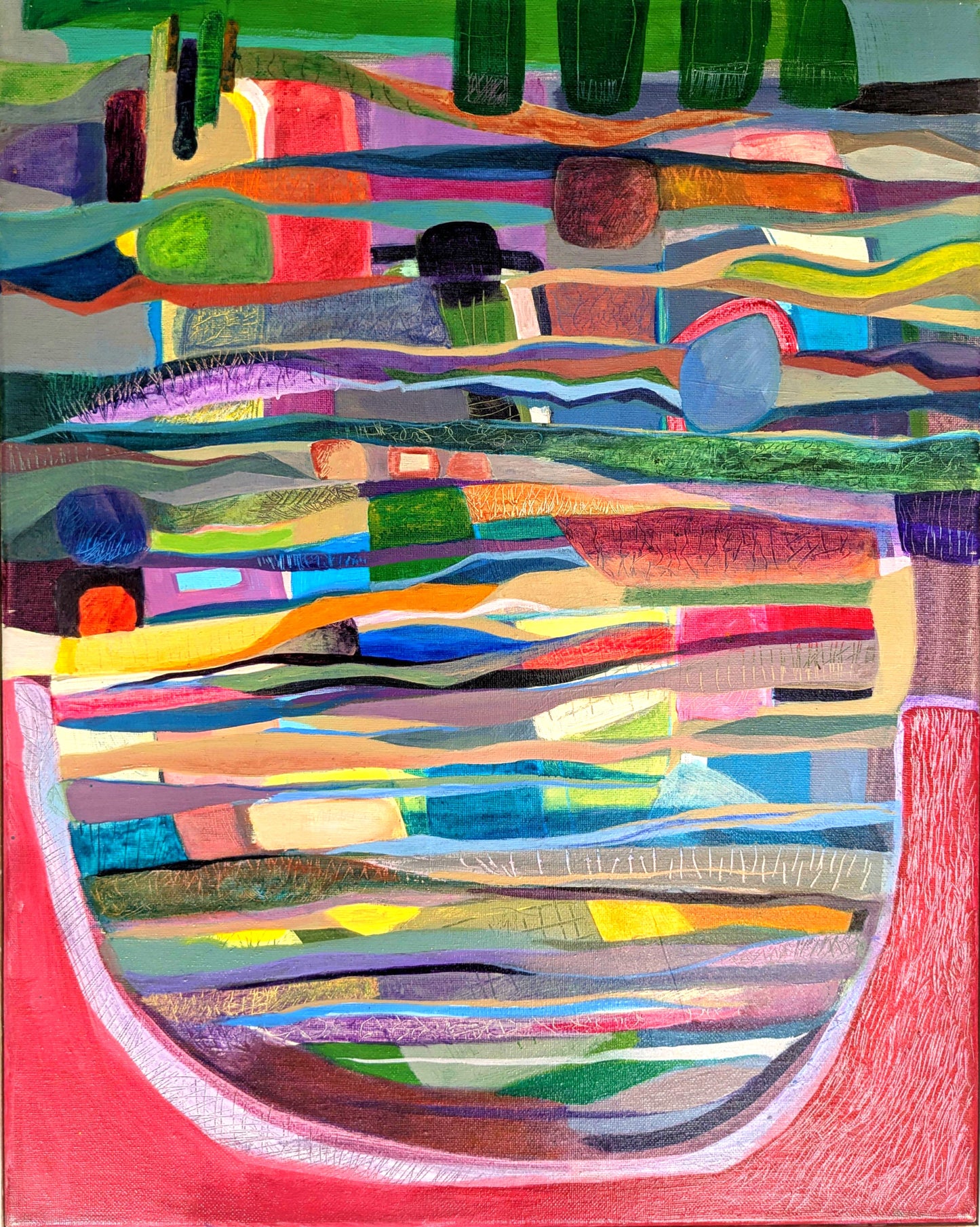 Abstract acrylic painting with layered colourful bands and textured patterns, evoking landscapes and the grounding energy of earth.

