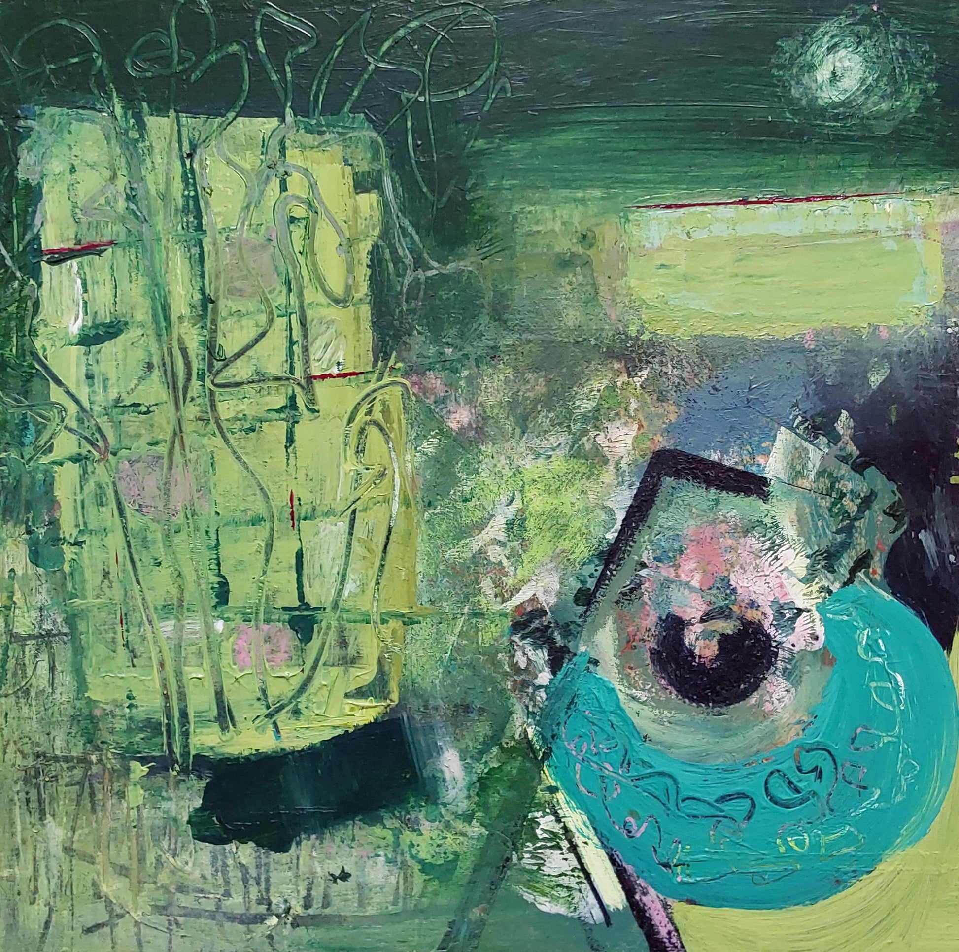 Abstract garden-inspired painting by Helen Lee with layered greens, turquoise, and pink, suggesting trellis structures and organic growth.

