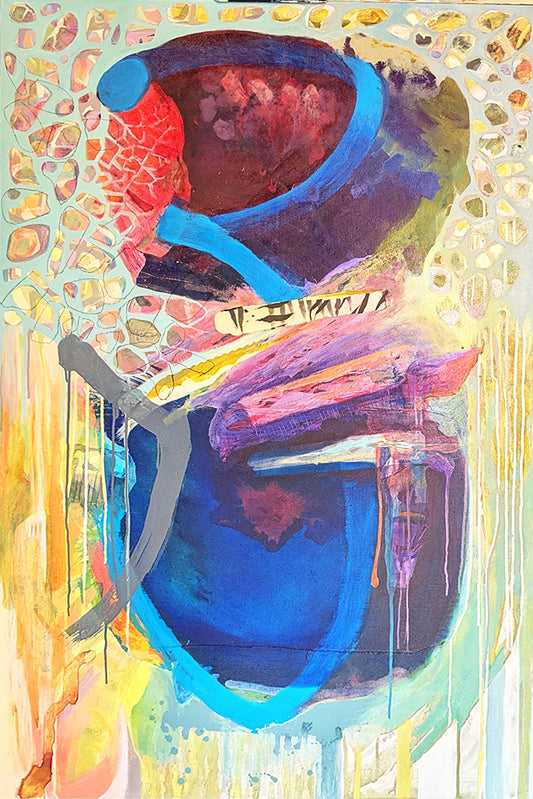 Abstract painting with bold blue, red, and purple forms, organic mosaic shapes, and layered drips on canvas, 36×54, by Sylvia Yung.

