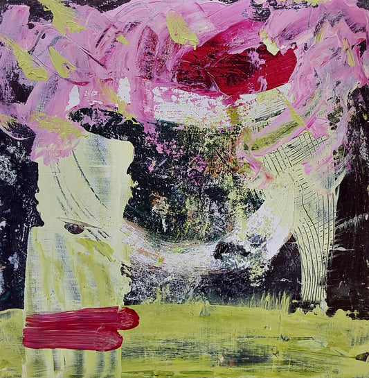 Abstract mixed media painting on birch plywood by Helen Lee, featuring bold magenta strokes, fresh yellow-green fields, and layered textures evoking springtime energy.

