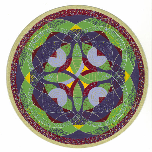 Hand-painted Tibetan-inspired mandala in gouache by Melanie Circle, vibrant circular artwork