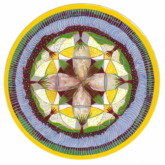 Mandala #3 hand-painted gouache artwork by Melanie Circle, featuring vibrant yellow, green, and purple sacred patterns