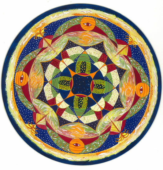 Mandala #5 hand-painted gouache artwork by Melanie Circle with cosmic eye symbols and vibrant sacred geometry