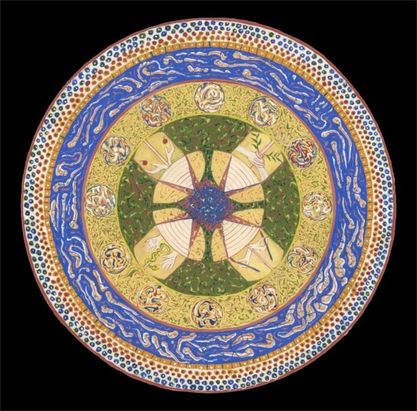 Mandala #6 hand-painted by Melanie Circle, featuring elemental symbols and celestial rings in blue, gold, and green gouache