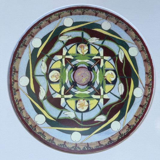 Mandala #7 by Melanie Circle showing blooming hearts, calla lilies, and sacred geometry painted in gouache in soft earth tones