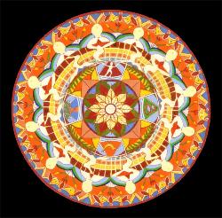Colorful Tibetan-inspired mandala artwork by Melanie Circle, available as 11x11 print and 5x5 card.