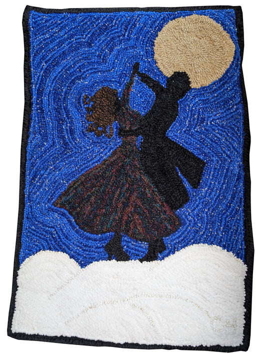 “Moonlight Dance” – hand-hooked rug by Carmen Hall featuring a silhouetted couple dancing under a bright full moon in a textured deep-blue sky, crafted from recycled fibres.

