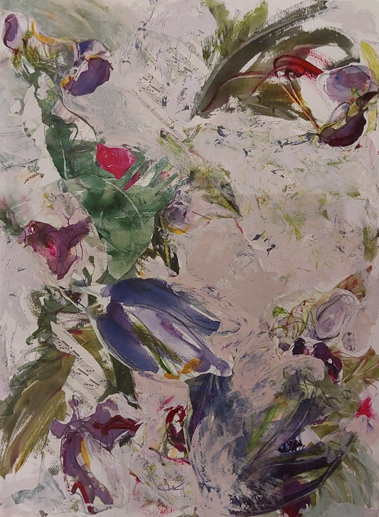 “Ocean Lilies” – Abstract floral artwork by Helen Lee with violet and green tones, lily forms, and oceanic movement, mixed media on watercolour paper, unframed.
