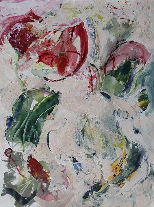 “Ocean Tulips” – Abstract floral painting by Helen Lee blending tulip forms with ocean-inspired colours and textures, mixed media on watercolour paper, unframed.