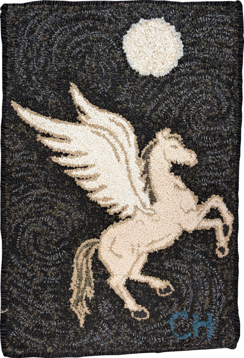 “Pegasus” – hand-hooked rug by Carmen Hall depicting a cream and gold winged horse against a shimmering black starry background.