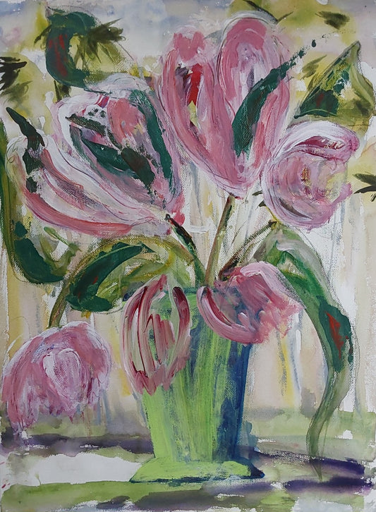 Pink Tulips by Helen Lee – mixed media painting on watercolour paper, featuring a bouquet of pink tulips in a green vase, 56x76cm, unframed.
