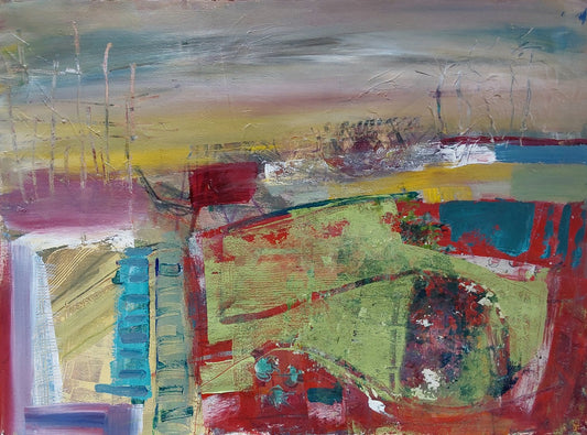 “Red Field Flowers” – Abstract rural landscape painting by Helen Lee with red, green, ochre, and turquoise tones on watercolour paper, unframed.

