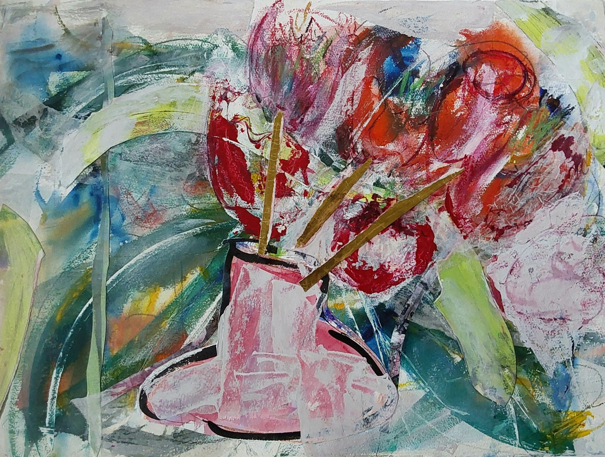 “Red Tulips” – Mixed media floral painting by Helen Lee featuring vivid red tulips with green leaves on watercolour paper, unframed.

