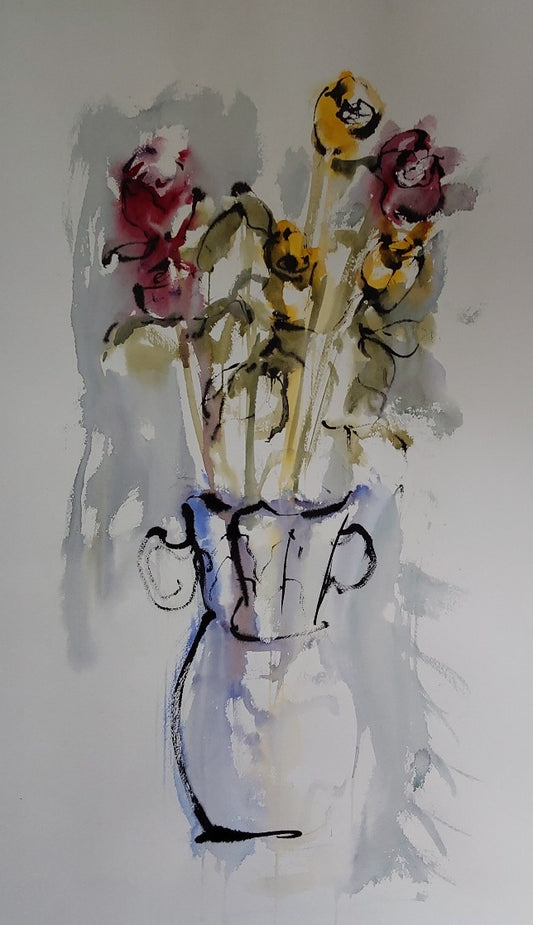 “Roses, Martha’s Vase” – Watercolour and ink painting by Helen Lee featuring yellow and crimson roses in a loosely sketched vase on watercolour paper, unframed.

