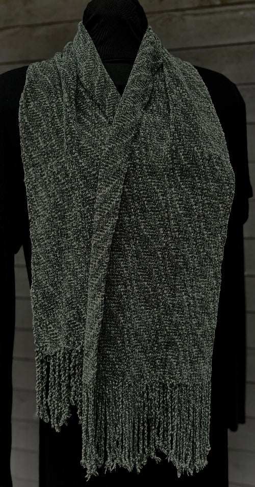 Sea blue handwoven rayon chenille scarf with fringe, by Quadra Island fibre artist Vyvyan Dorsett. Soft, drapey, and luxurious.