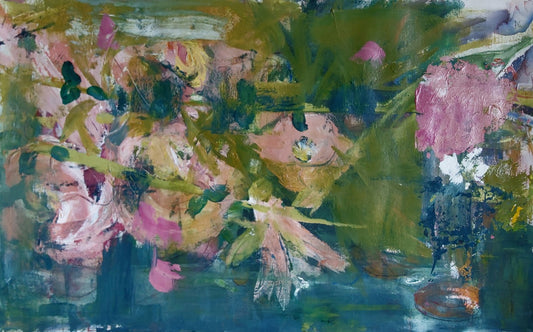 “Shoreline Lilies” – Large-format mixed media painting by Helen Lee featuring soft pink and cream lilies against lush green foliage and water reflections, created on watercolour paper, unframed.