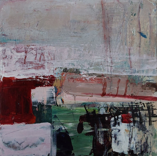 Abstract mixed media artwork by Helen Lee featuring earthy reds, greens, and soft neutrals with textured brushstrokes and garden-inspired forms.

