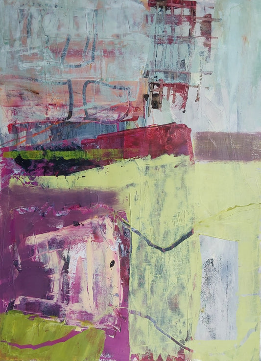 Abstract mixed media painting in bright lime, magenta, and soft blue, with layered brushstrokes and textured marks suggesting spring growth in a garden scene, by Helen Lee.

