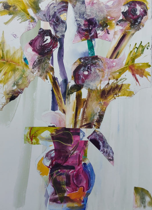 “Still Life with Roses” – Abstract floral collage by Helen Lee in deep pink, purple, and gold tones, watercolour on paper, unframed.

