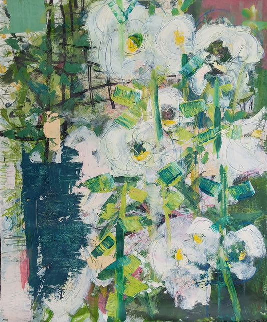“Summer Garden” – Large mixed media floral painting by Helen Lee, featuring lush green foliage and white blossoms with yellow centers, on watercolour paper, unframed.