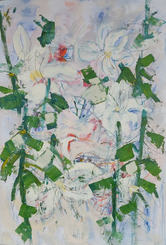 “Summer Lilies” – Large mixed media floral painting by Helen Lee featuring white lilies with green stems on watercolour paper, unframed.

