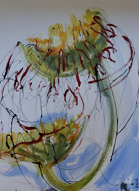 “Sunflowers” – expressive floral artwork by Helen Lee in yellow, green, and blue tones with energetic black ink lines, unframed.