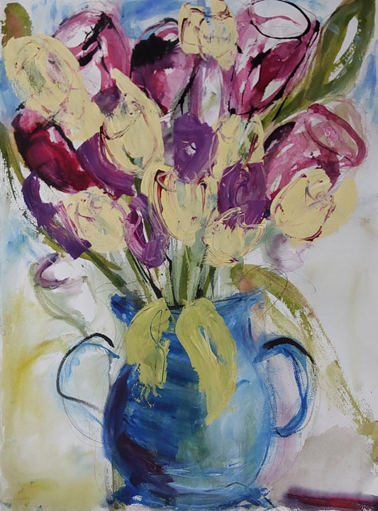 Mixed media painting of yellow and magenta tulips in a blue jug by Helen Lee, Quadra Island.

