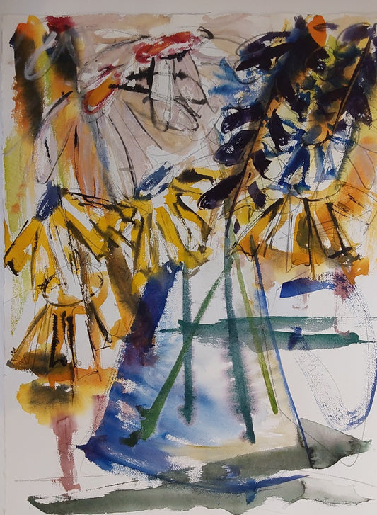 “Wildflowers, Glass Pitcher” – Watercolour and ink floral painting by Helen Lee, featuring bright yellow blooms, blue accents, and loose expressive lines on watercolour paper, unframed.