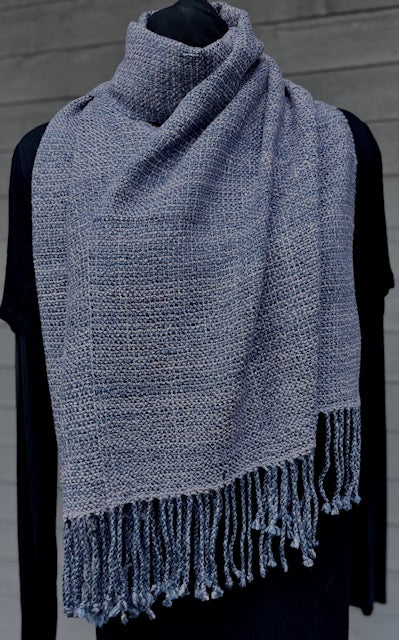 Blue and pink handspun merino wool scarf by Vyvyan Dorsett, Quadra Island – handwoven with fringe