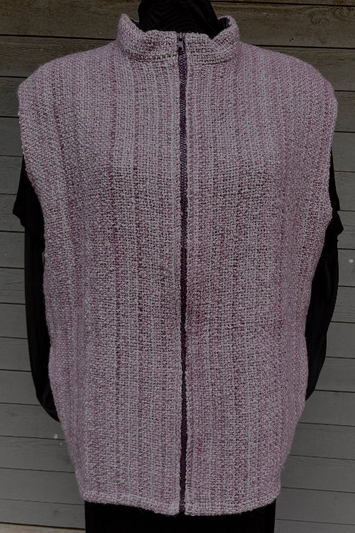 Lavender handwoven wool vest by Vyvyan Dorsett, high collar, zip front, lined with pockets, 45×27 in