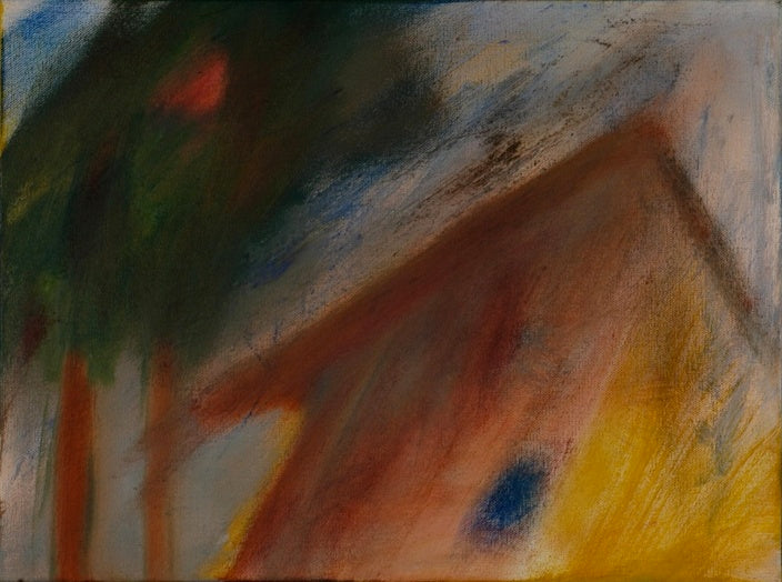 Abstract acrylic painting by Melanie Circle featuring a deep red slanted roof and swirling greens and yellows, evoking a memory from the Camino de Santiago.

