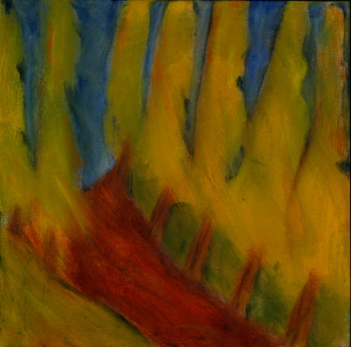 Abstract oil painting by Melanie Circle with vertical golden forms and a red path, evoking forest, movement, and the rhythm of pilgrimage.

