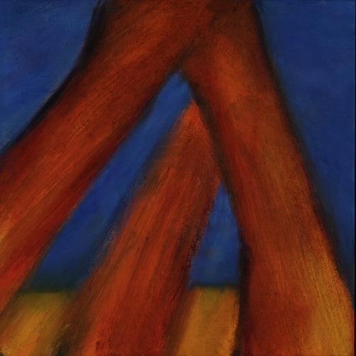 Abstract oil painting by Melanie Circle featuring two red-orange vertical forms arching toward each other under a deep indigo sky and golden horizon.

