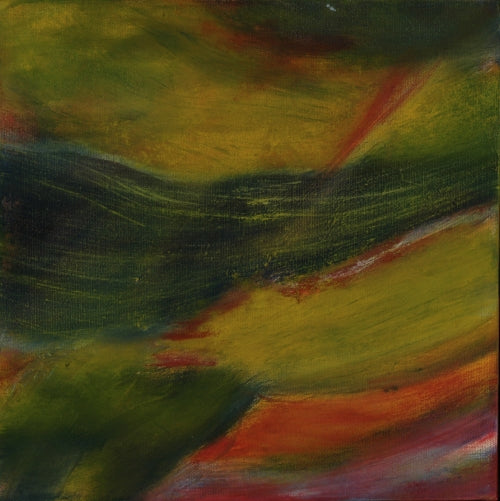Abstract oil painting by Melanie Circle in green, ochre, and red, evoking a flowing path or river through a dreamlike landscape.

