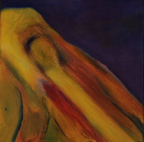 Abstract oil painting by Melanie Circle featuring a flowing yellow and red form rising against a dark purple backdrop, symbolizing emergence or ascension.

