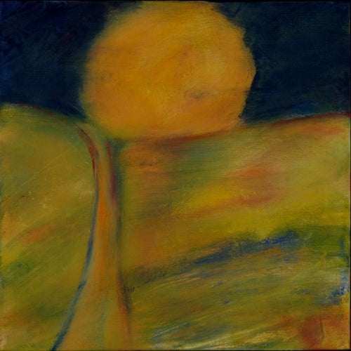 Abstract oil painting by Melanie Circle featuring a golden sun above a glowing path and soft yellow-green landscape, evoking arrival and radiance.

