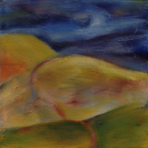 Abstract oil painting by Melanie Circle with rolling golden hills, a faint red trail, and a swirling indigo sky evoking evening on the Camino.

