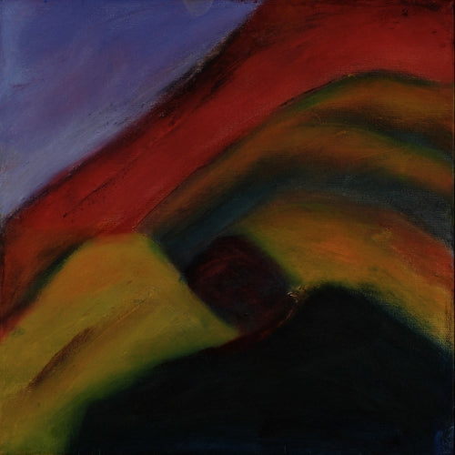 Abstract oil painting by Melanie Circle featuring layered dark hills beneath a sweeping red sky, evoking the emotional depth of pilgrimage.

