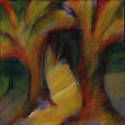Abstract oil painting by Melanie Circle featuring two tree-like forms framing a glowing golden path, evoking a forest threshold or portal.

