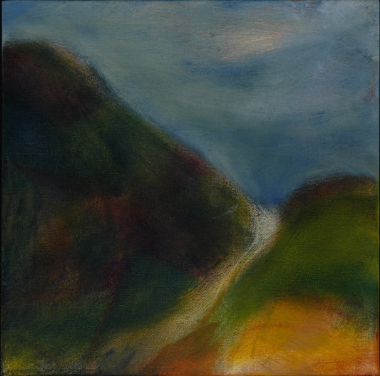 Abstract acrylic painting of soft golden hills beneath a pale blue sky by Melanie Circle, evoking light and stillness on the Camino de Santiago.

