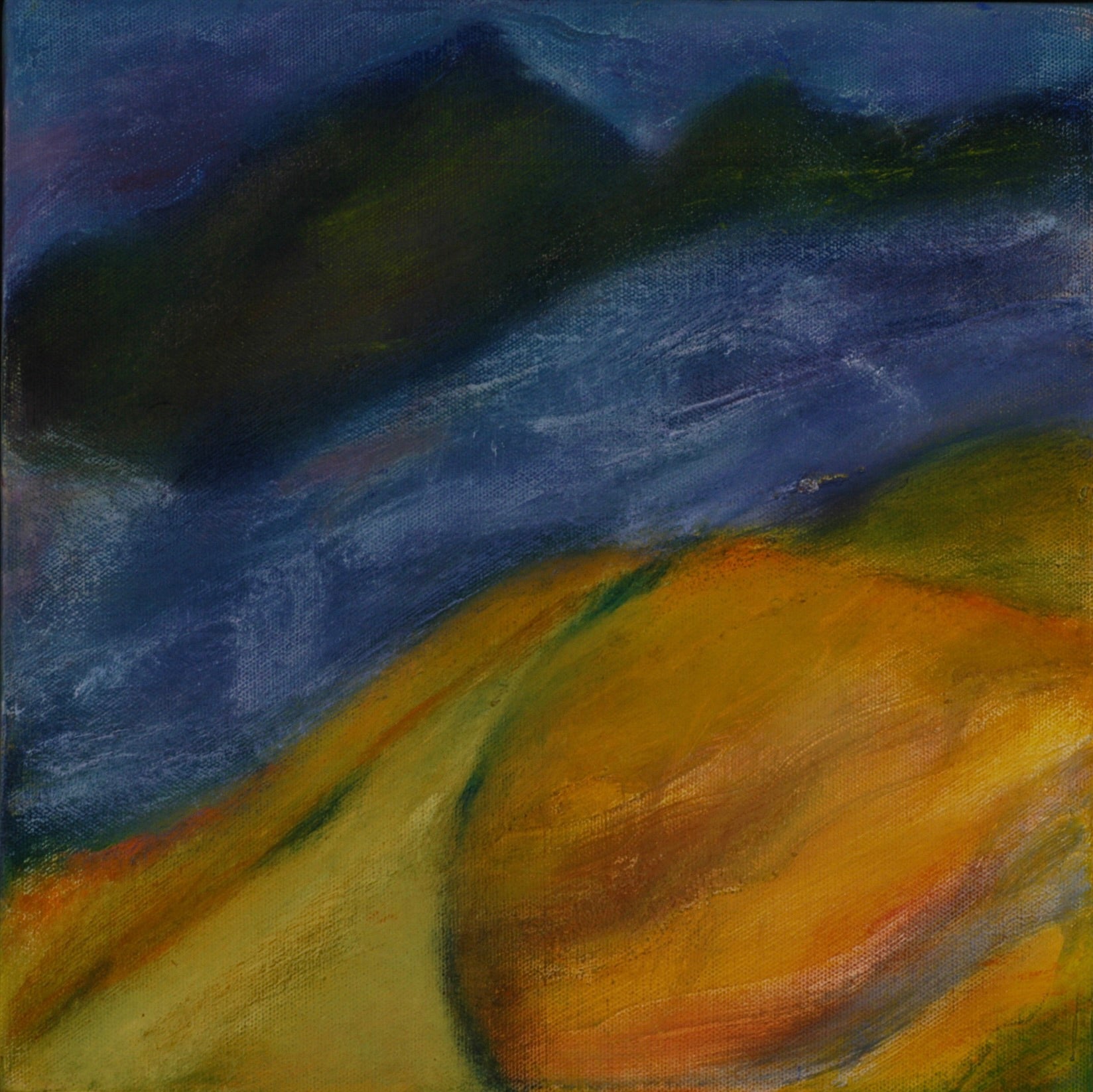 Abstract oil painting by Melanie Circle with golden hills and a moody indigo sky, suggesting a winding path toward distant mountains.

