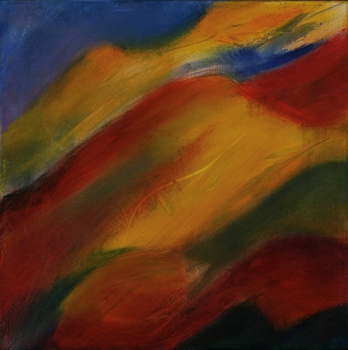 Abstract oil painting by Melanie Circle with sweeping strokes of red, gold, and green, evoking movement, emotion, and a dynamic inner landscape.

