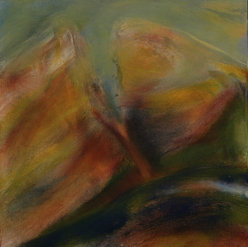 Abstract oil painting by Melanie Circle with golden and rust-toned forms parting to reveal a dark central passage, evoking mystery and inner reflection.

