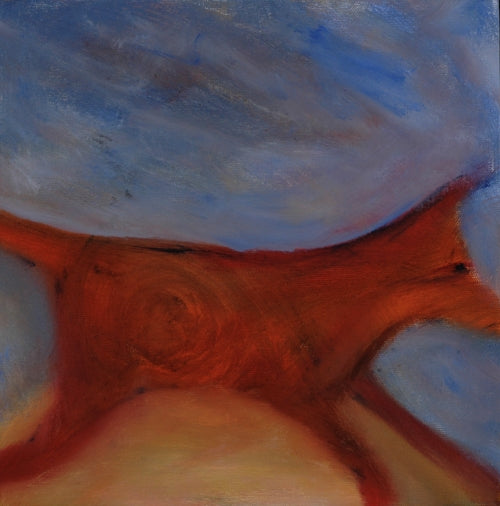 Abstract oil painting by Melanie Circle featuring a bold red form stretching across a soft blue sky, suggesting a symbolic bridge or grounded energy.

